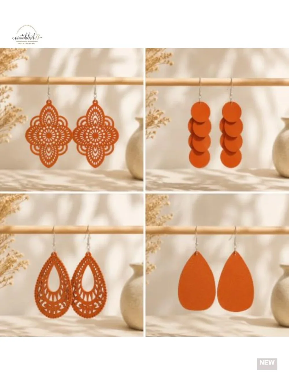 Boho Wood Dangle Earrings, Lightweight Laser Cut Geometric Drop Earrings,